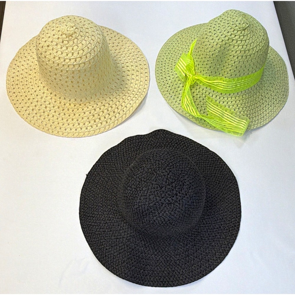 Womens Straw Sun Hat Lot 3 Wide Brim Beige Green Black Solid Bow One Size